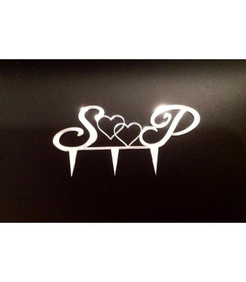 Laser Cut Personalised Script Initials with Joined Hearts Wedding Cake Topper - Mirrored Acrylic